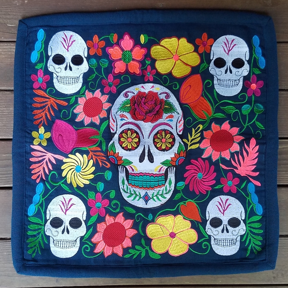 Skull and Flowers Decorative Pillow Case - SQUARE - Embroidered Design
